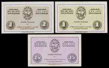 Bigues. 25 céntimos, 1 y 2 pesetas. (T. 512 a 514). 3 billetes, todos los de la localidad. Nº 0050, 0211 y 0309. Raros. MBC-/MBC+.