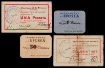 Biosca. 50 céntimos (dos) y 1 peseta (dos). (T. 515, 516a, 517 y 518). 2 billetes y 2 cartones, todos los de la localidad. Conjunto muy raro. BC/EBC-....