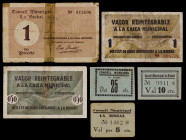 La Bisbal d'Empordà. 5, 10, 25, 50 céntimos y 1 peseta (dos). (T. 540 a 543, 544a y 545a). 3 billetes y 3 cartones. Todos los del Consell Municipal, u...