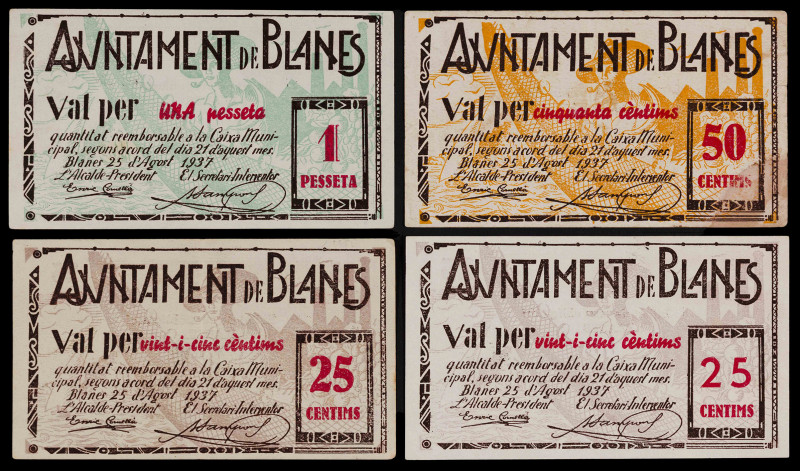 Blanes. 25, 50 céntimos y 1 peseta. (T. 551a, 552a, 556 y 558). 4 billetes. MBC-...