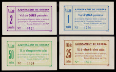 Bobera. 25, 50 céntimos, 1 y 2 pesetas. (T. 559 a 562). 4 billetes, todos los de la localidad. Raros y más así. MBC-/EBC.