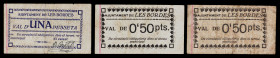 Les Bordes. 50 céntimos (dos) y 1 peseta. (T. 571, 574 var, dos tampones distintos). 3 billetes. Uno de 50 céntimos, nº 123. Muy raros. BC/MBC.