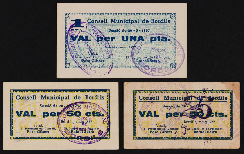 Bordils. 25, 50 céntimos y 1 peseta. (T. 575 a 577). 3 billetes, todos los de la...