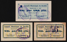 Bordils. 25, 50 céntimos y 1 peseta. (T. 575 a 577). 3 billetes, todos los de la localidad. Conjunto raro. BC+/EBC.