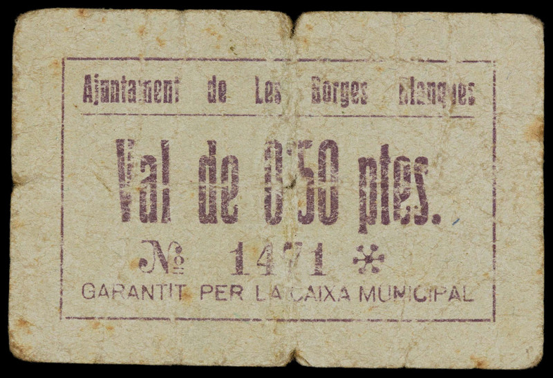 Les Borges Blanques. 50 céntimos. (T. 581). Cartón. Rarísimo. BC-.