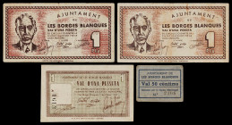 Les Borges Blanques. 50 céntimos y 1 peseta (tres). (T. 580, 582, 582 var y 583). 3 billetes y un cartón. Conjunto escaso. MBC-/MBC+.