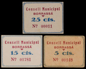 Borrassà. 5, 15 y 25 céntimos. (T. 589 a 591). 3 cartones, todos los de la localidad. Los 25 céntimos, nº 00011 y los 5 céntimos, nº 00148. Escasos. M...