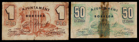 Borredà. 50 céntimos y 1 peseta. (T. 592a y 593a). 2 billetes, todos los de la localidad. Uno roto y pegado en la época. BC-/BC.