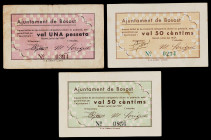Bosost. 50 céntimos (dos) y 1 peseta (dos). (T. 595b, 596a, 597 y 598). 4 billetes, todos los escritos en catalán. Los 50 céntimos, nº 0234 y uno de 1...