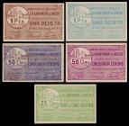 Breda. 25, 50 céntimos (dos) y 1 peseta. (T. 623 a 627). 5 billetes, todos los de la localidad. Uno de 1 peseta, nº 0092. BC+/EBC+.