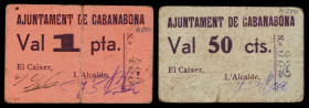 Cabanabona. 50 céntimos y 1 peseta. (T. 636a y 637a). 2 cartones, todos los de la localidad. Nº 332 y 433. Rarísimos. BC/BC+.