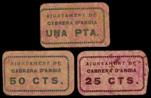 Cabrera d'Anoia. 25, 50 céntimos y 1 peseta. (T. 653, 654a y 658b). 3 cartones. Nº 94, 69 y 234. Raros. MBC-/MBC.