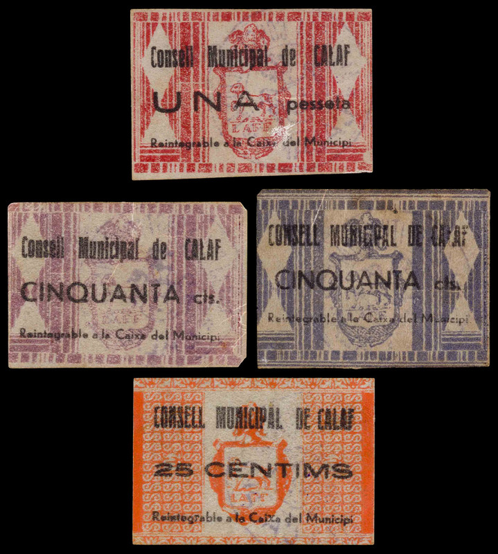 Calaf. 25, 50 céntimos (dos) y 1 peseta. (T. 676 a 678 y 684b). 4 billetes en ce...