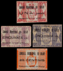 Calaf. 25, 50 céntimos (dos) y 1 peseta. (T. 676 a 678 y 684b). 4 billetes en celuloide. Raros. MBC/EBC.