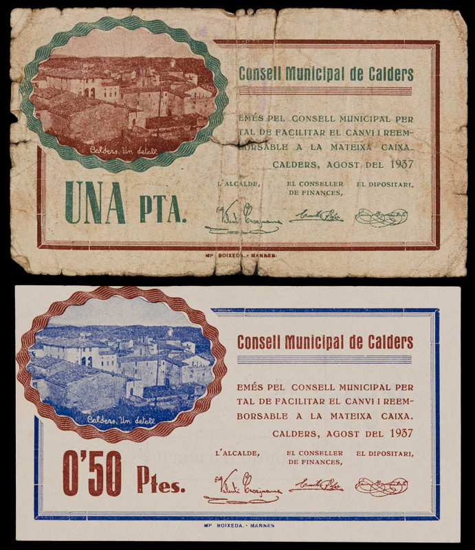 Calders. 50 céntimos y 1 peseta. (T. 688 y 689a). 2 billetes, todos los de la lo...