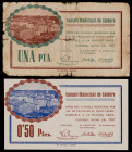 Calders. 50 céntimos y 1 peseta. (T. 688 y 689a). 2 billetes, todos los de la localidad. Nº 064 y 184. Raros. BC-/EBC.