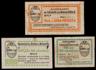 Caldes de Malavella. 25, 50 céntimos y 1 peseta. (T. 692 a 694). 3 billetes, todos los del Ajuntament. Escasos. BC+/MBC-.
