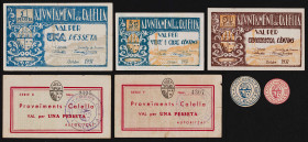 Calella. 5, 10, 25, 50 céntimos y 1 peseta (tres). (T. 699c, 699d, 700, 701, 702a, 703 y 704). 5 billetes y 2 cartones redondos. 2 series completas. C...