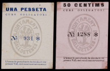 Calldetenes. 50 céntimos y 1 peseta. (T. 706 y 707). 2 cartones, todos los de la localidad. Restos de charnela. Raros. (EBC-).