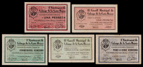 Calonge de la Costa Brava. 25, 50 céntimos (dos) y 1 peseta (dos). (T. 711 a 713, 714a y 715). 5 billetes, todos los de la localidad. BC/EBC.