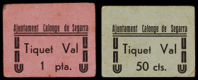 Calonge de Segarra. 50 céntimos y 1 peseta. (T. 716 y 717). 2 cartones, todos los de la localidad. Muy raros. MBC-/MBC.