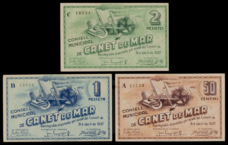 Canet de Mar. Consell Municipal. 50 céntimos, 1 y 2 pesetas. (T. 741, 742 y 743a...