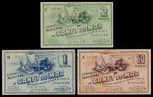 Canet de Mar. Consell Municipal. 50 céntimos, 1 y 2 pesetas. (T. 741, 742 y 743a). 3 billetes, todos los del Consell Municipal. Escasos así. EBC/EBC+....