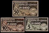 Canet de Mar. Cooperativa Popular de Consum La Unió. 5, 10 y 50 céntimos. (AL. 408 a 410) (RGH. 7345 a 7347). 3 billetes, serie completa. MBC/EBC.