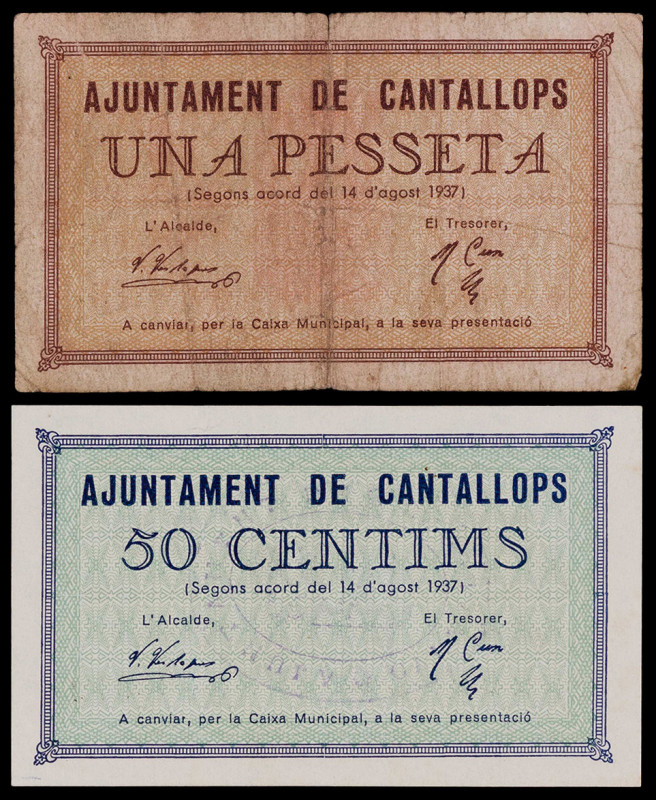 Cantallops. 50 céntimos y 1 peseta. (T. 753a y 754b). 2 billetes, serie completa...
