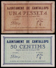Cantallops. 50 céntimos y 1 peseta. (T. 753a y 754b). 2 billetes, serie completa. Los 50 céntimos, nº 00072. Raros. BC/EBC+.