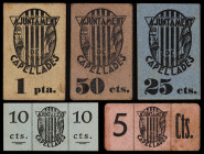 Capellades. 5, 10, 25, 50 céntimos y 1 peseta. (T. 770, 771 y 775 a 777). 5 cartones, una serie completa. Conjunto raro. MBC-/EBC.
