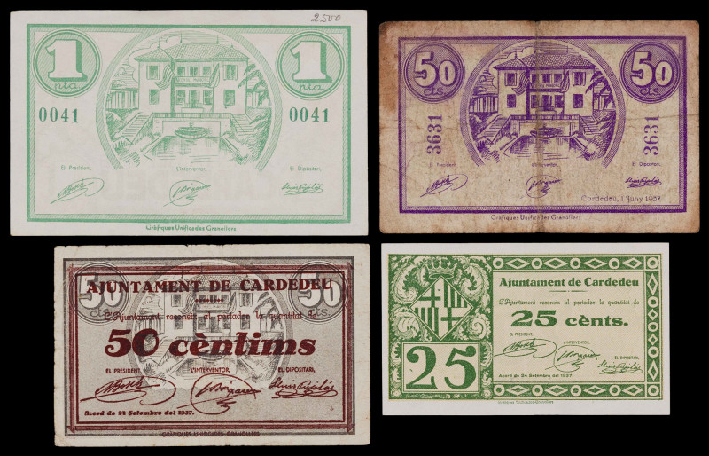 Cardedeu. 25, 50 céntimos (dos) y 1 peseta. (T. 780 a 783). 4 billetes, todos lo...