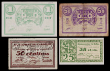 Cardedeu. 25, 50 céntimos (dos) y 1 peseta. (T. 780 a 783). 4 billetes, todos los de la localidad. La peseta, nº 0041. BC/EBC+.