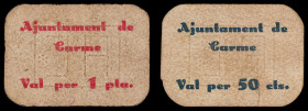 Carme. 50 céntimos y 1 peseta. (T. 799 y 800). 2 cartones, todos los de la localidad. Los 50 céntimos, nº 229. Escasos. MBC-/MBC.