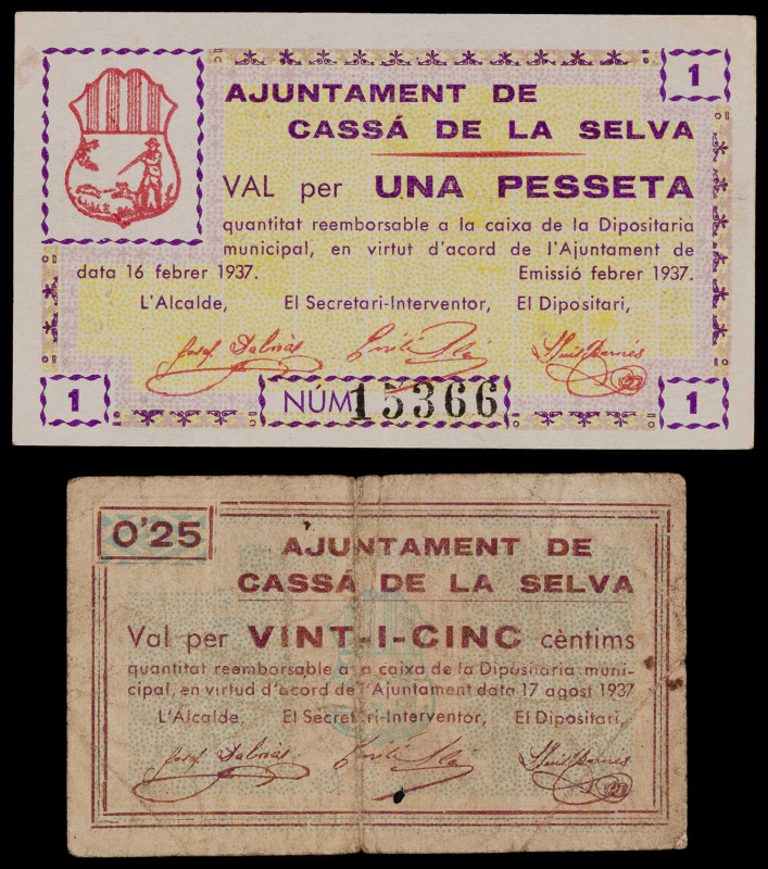 Cassà de la Selva. 25 céntimos y 1 peseta. (T. 806a y 807). 2 billetes. BC/EBC+....