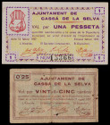 Cassà de la Selva. 25 céntimos y 1 peseta. (T. 806a y 807). 2 billetes. BC/EBC+.