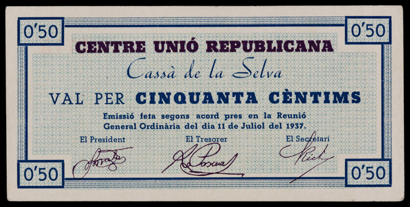 Cassà de la Selva. Centre Unió Republicana. 50 céntimos. (AL. 1901) (RGH. 7410)....