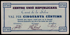 Cassà de la Selva. Centre Unió Republicana. 50 céntimos. (AL. 1901) (RGH. 7410). Raro. MBC+.