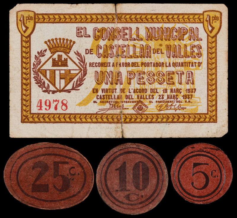 Castellar del Vallès. 5, 10, 25 céntimos y 1 peseta. (T. 808 a 811). 3 cartones-...