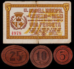 Castellar del Vallès. 5, 10, 25 céntimos y 1 peseta. (T. 808 a 811). 3 cartones-cuero, dos redondos y uno ovalado, y un billete. Todos los de la local...