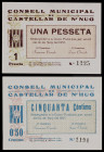 Castellar de N'Hug. 50 céntimos y 1 peseta. (T. 812a y 813). 2 billetes, todos los de la localidad. Raros y más así. EBC+.