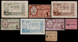 Castellbell i el Vilar. 5, 10, 25 (dos), 50 céntimos (dos) y 1 peseta (dos). (T. 814 a 821). 2 cartones y 6 billetes, todos los de la localidad. Conju...