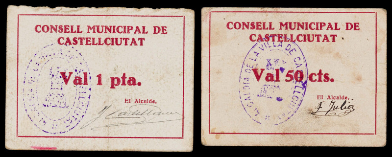 Castellciutat. 50 céntimos y 1 peseta. (T. 828a y 829). 2 cartones, todos los de...