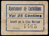 Castelldans. 25 céntimos. (T. 834). Cartón. Muy raro. BC+.