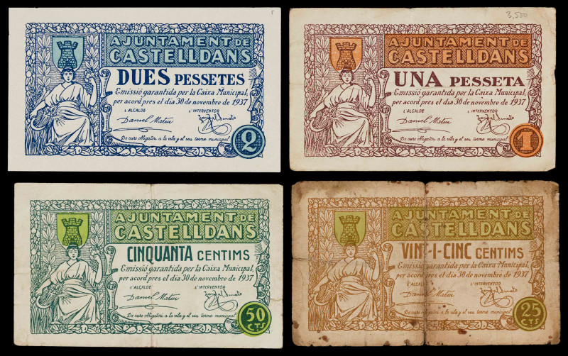 Castelldans. 25, 50 céntimos, 1 y 2 pesetas. (T. 835 a 838). 4 billetes, serie c...