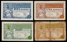 Castelldans. 25, 50 céntimos, 1 y 2 pesetas. (T. 835 a 838). 4 billetes, serie completa. Raros. BC-/EBC-.