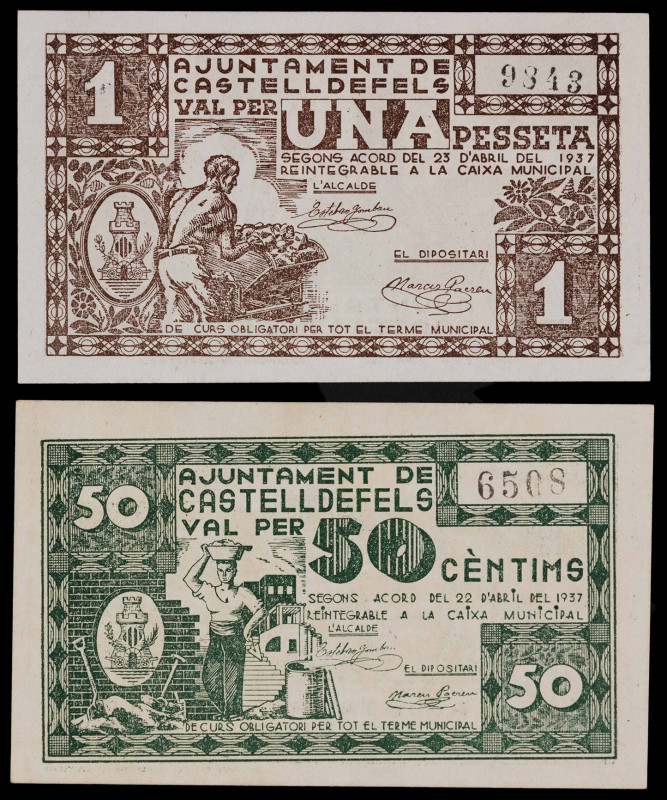 Castelldefels. 50 céntimos y 1 peseta. (T. 839b y 840c). 2 billetes, todos los d...