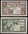 Castelldefels. 50 céntimos y 1 peseta. (T. 839b y 840c). 2 billetes, todos los de la localidad. Escasos así. EBC+.