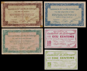 Castellet de Llobregat. 5, 10, 25, 50 céntimos y 1 peseta. (T. 842, 843b y 844 a 846). 5 billetes, 2 series completas. BC/EBC+.