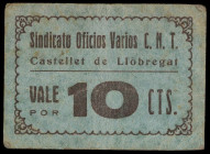 Castellet de Llobregat. Sindicato de Oficios Varios. C. N. T. 10 céntimos. (AL. 3146, mismo ejemplar) (RGH. 7457, mismo ejemplar). Cartón, nº 050. Muy...